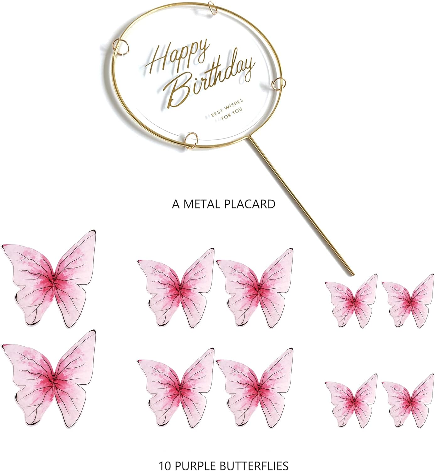 11-Piece Red Butterfly Cake Toppers Set: 1 Gold Metal Frame Happy Birthday Cake Topper & 10 Butterfly Cake Toppers (1.5-4 inches)