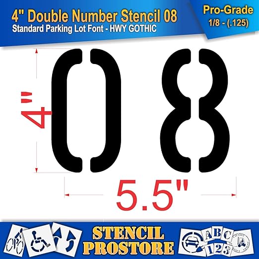 Pavement, Curb, and WheelStop Stencils - 4 inch Double Number Stencil - (08) - 4" x 5.5" x 1/8" (128 mil) - Pro-Grade