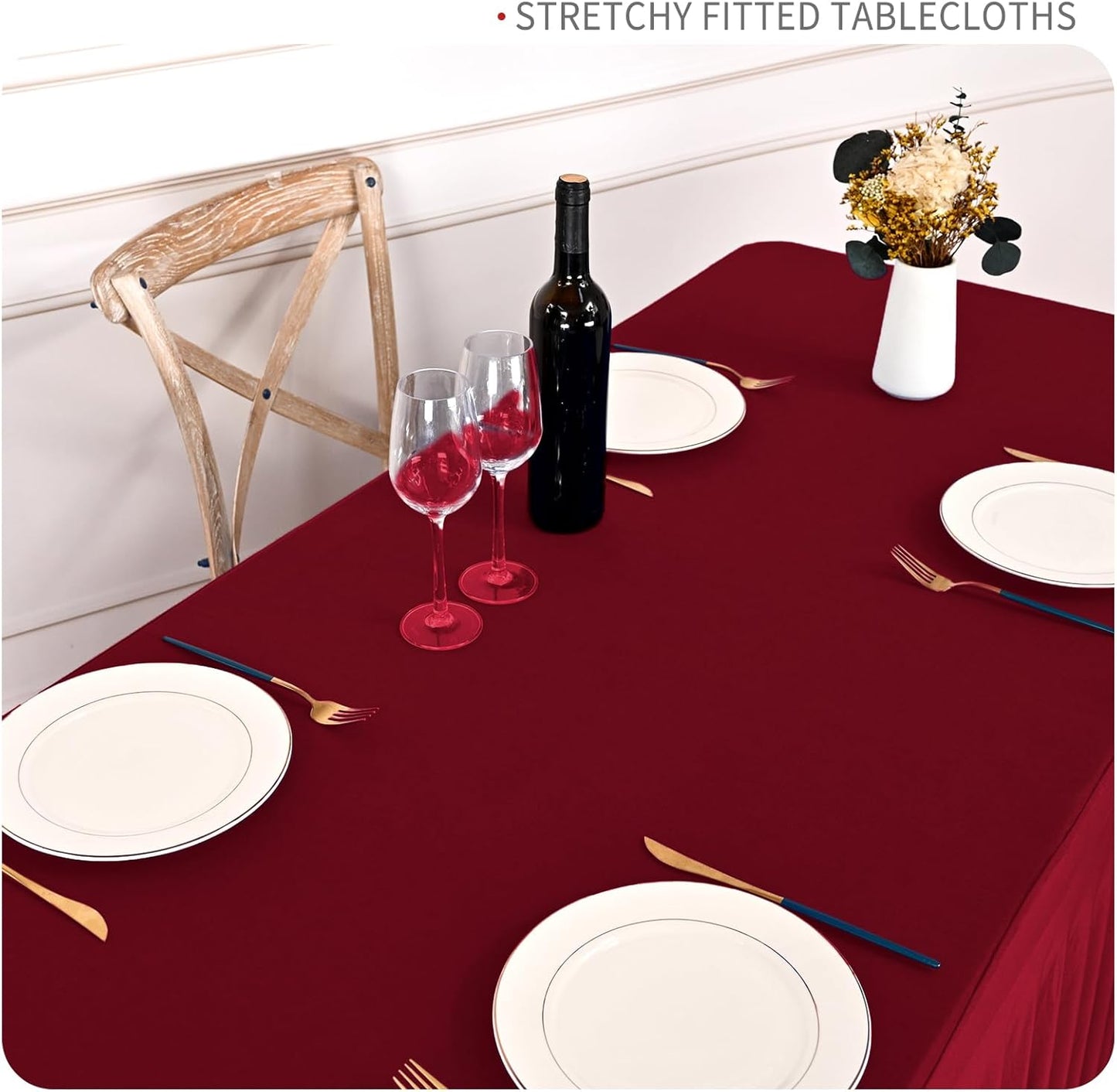 2 Packs Burgundy Stretch Table Skirts for 6 Foot Rectangle Table, Washable Spandex Stretch Tablecloths with Skirt, Wrinkle Resistant Fitted Tablecover for Wedding Party Banquet