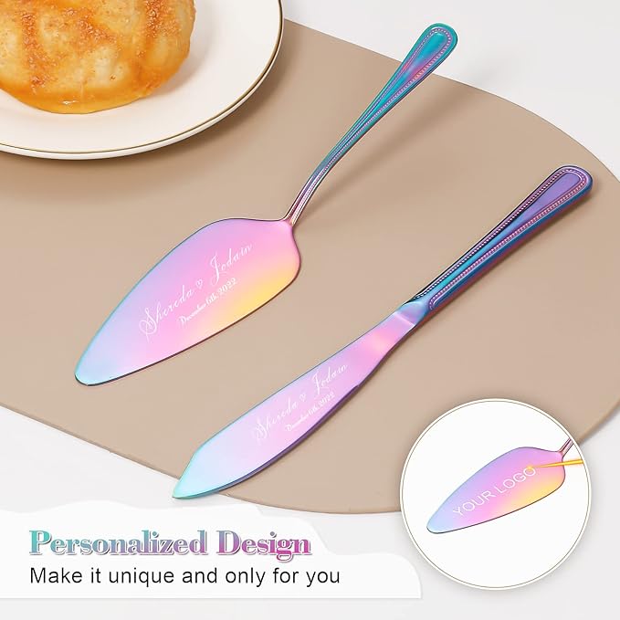 Cake Cutting Set for Wedding, Personalized Wedding Cake Knife and Server Set, Vintage Engraved 2-Piece Pie Pizza Cutter Serving Set, Custom Bridal Anniversary Birthday Quinceañera Gift(Rainbow)