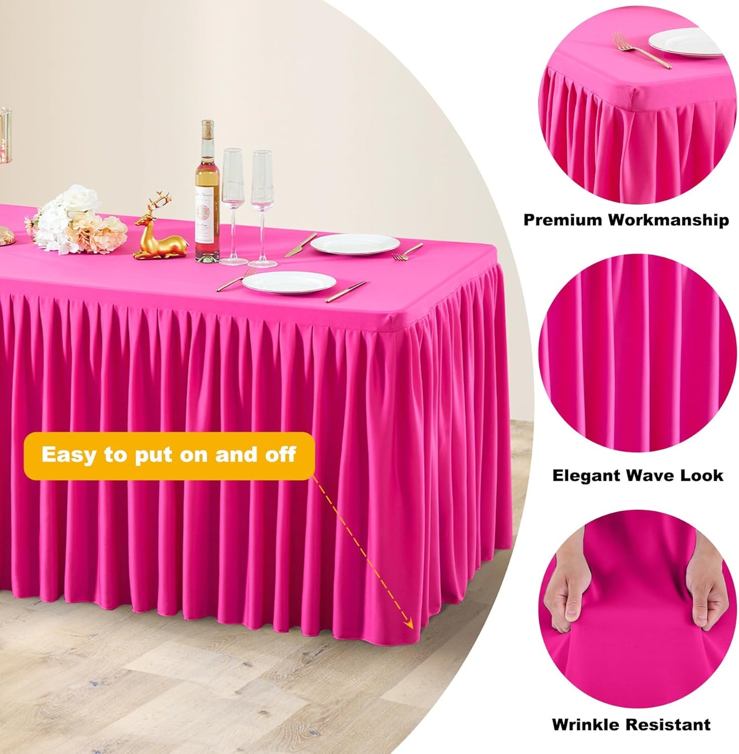 Hot Pink Polyester Table Clothes for 4 Foot Rectangle Tables, Wrinkle Free Fitted Table Cover with Pleated Ruffle Table Skirt for Birthday Party Wedding Trade Show Event Display