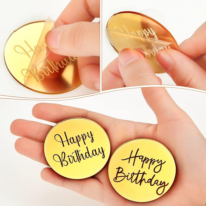 Qunclay 30 Pcs Happy Birthday Acrylic Cake Toppers, Mirror Acrylic Cupcake Toppers, 3 Multi-shape & Gold Rose Gold Silver Cupcake Picks for Birthday Party Pastries Decor DIY Supplies(Round)