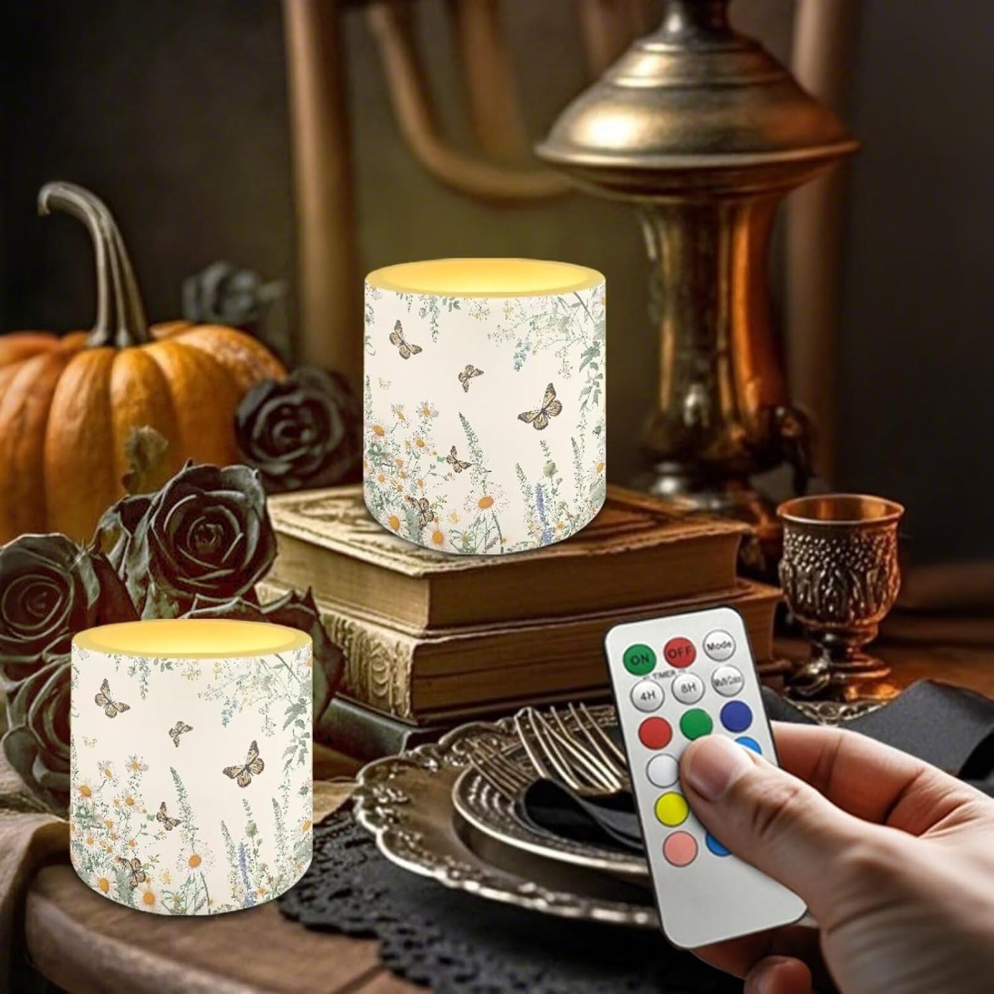Poceacles Remote Control LED Candles Set of 4 Battery Powered Flameless Candles with Multi-Color Lighting Options, Timer Function, for Indoor Outdoor Decor, Butterfly Daisy Floral Cream White