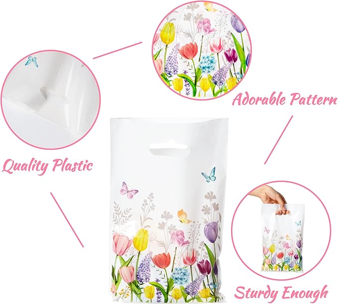 3sscha 50Pcs Spring Floral Tulip Party Favor Bags - Springtime Flower Plastic Waterproof Goodie Bag Bloom Butterfly Rectangular Gift Pack for Kids Birthday Baby Shower Decoration Party Supplies
