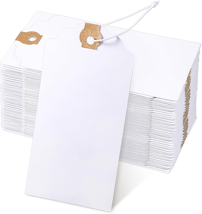 120 Pack White Gift Tags with Elastic String Hang Paper Marking Tags with String Attached Reinforced Hole Writable Inventory Tag 4.76''×2.36''