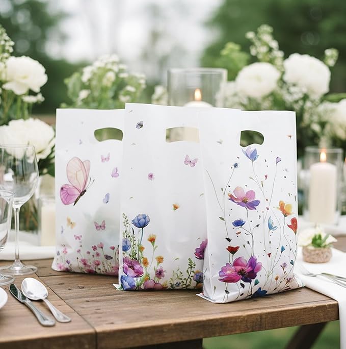 Wildflower Gift Bags, 50 Pcs Wildflower Party Favor Bags with Handles, Plastic Floral Goodie Candy Cookie Treat Bag for Wildflower Baby Shower Decorations Birthday Spring Party Favors Supplies