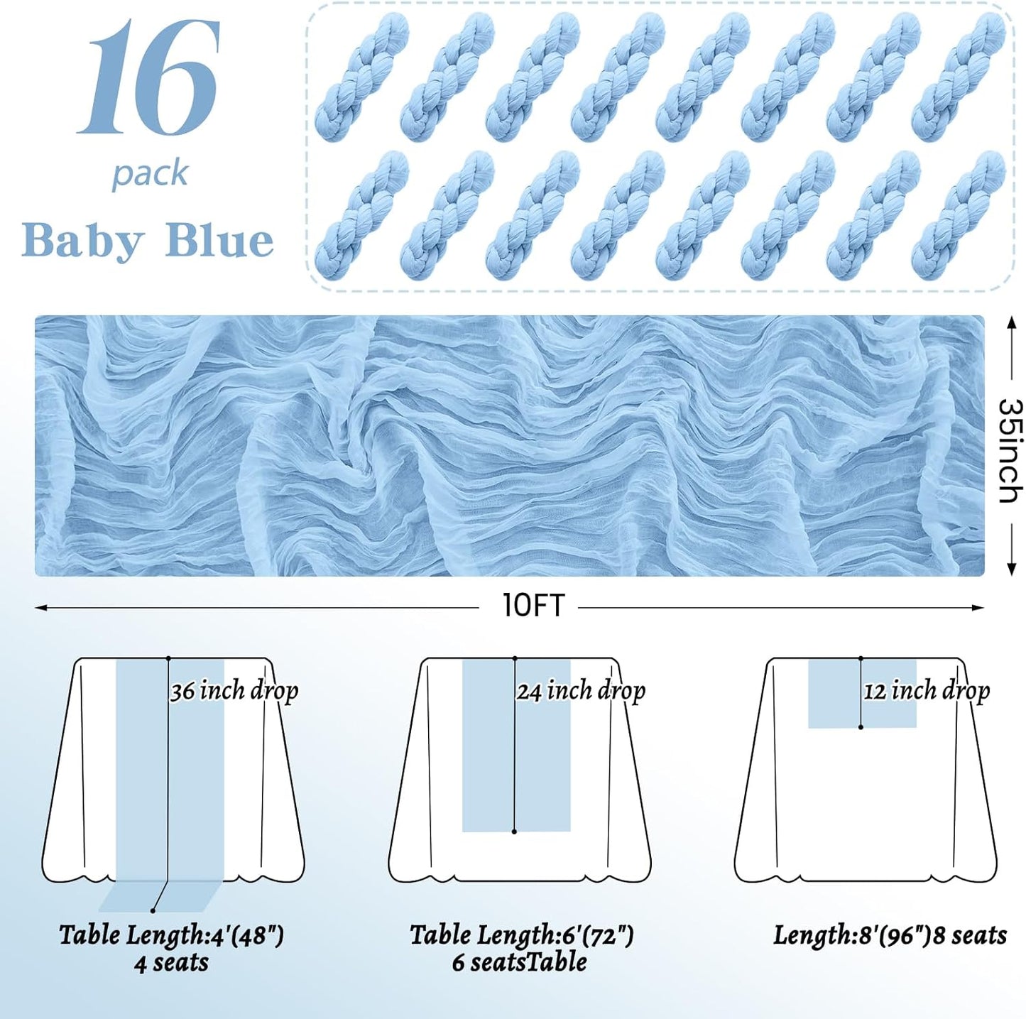 16Pack Light Blue Table Runner 10FT Cheesecloth Table Runner 35x120Inch Long Boho Gauze Cheese Cloth Table Runners Rustic Sheer Table Runners for Wedding Baby Shower Bridal Shower Decor