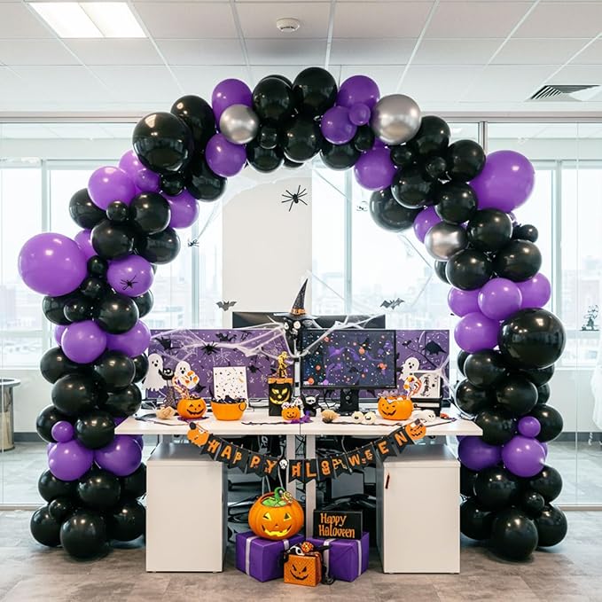 Black and Purple Balloons - 132pcs 18'' 12'' and 5'' Purple Black Balloon Arch Kit with Metallic Silver Balloons for Birthday Party Halloween Graduations Corporate Event and Gaming Night