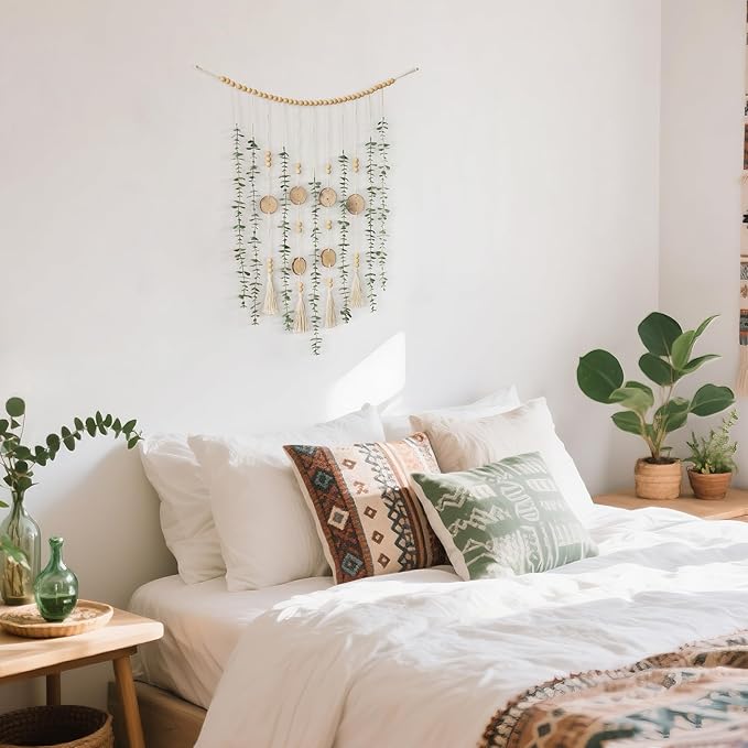 Dahey Hanging Artificial Plant Eucalyptus Wall Decor 31'' Wooden Bead Garland with Fake Greenery Leaves Boho Rustic Farmhouse Wall Art for Living Dining Room Bathroom Bedroom Kitchen Decoration