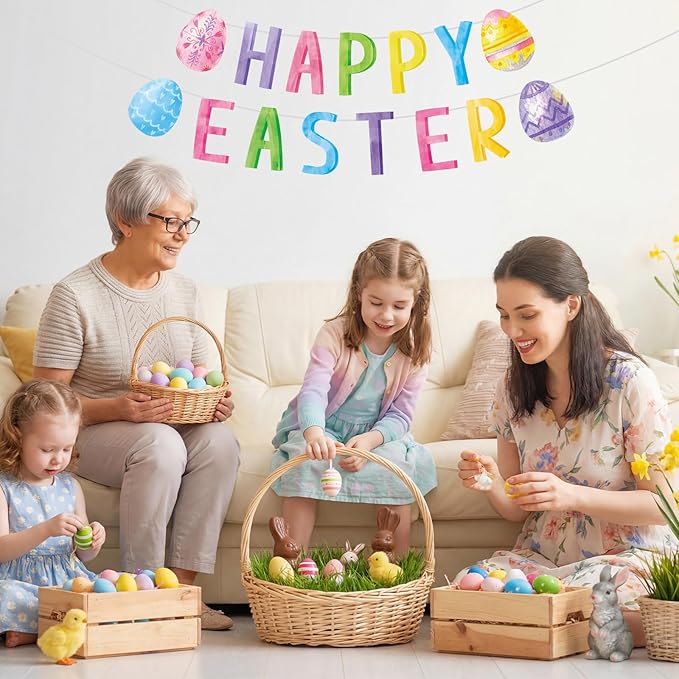 Happy Easter Decorations Banner - DIY Paper Eastesr Banners, Spring Watercolor Eggs Sign Garland Backdrop for 2026 Easter Indoor Outdoor Home Office Fireplace Wall Party Decor Supplies Favors Props
