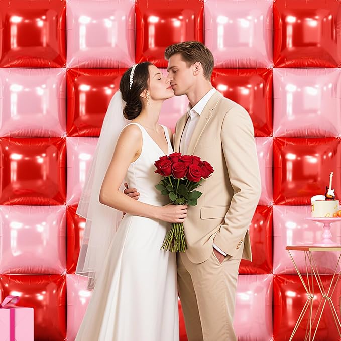NISOCY 25PCS Red and Pearl Pink Square Foll Balloons Wall Backdrop Double Sided Red Pink Balloon Arch Kit for Birthday Bachelorette Anniversary Engagement Valentine's Day Strawberry Party Decoration