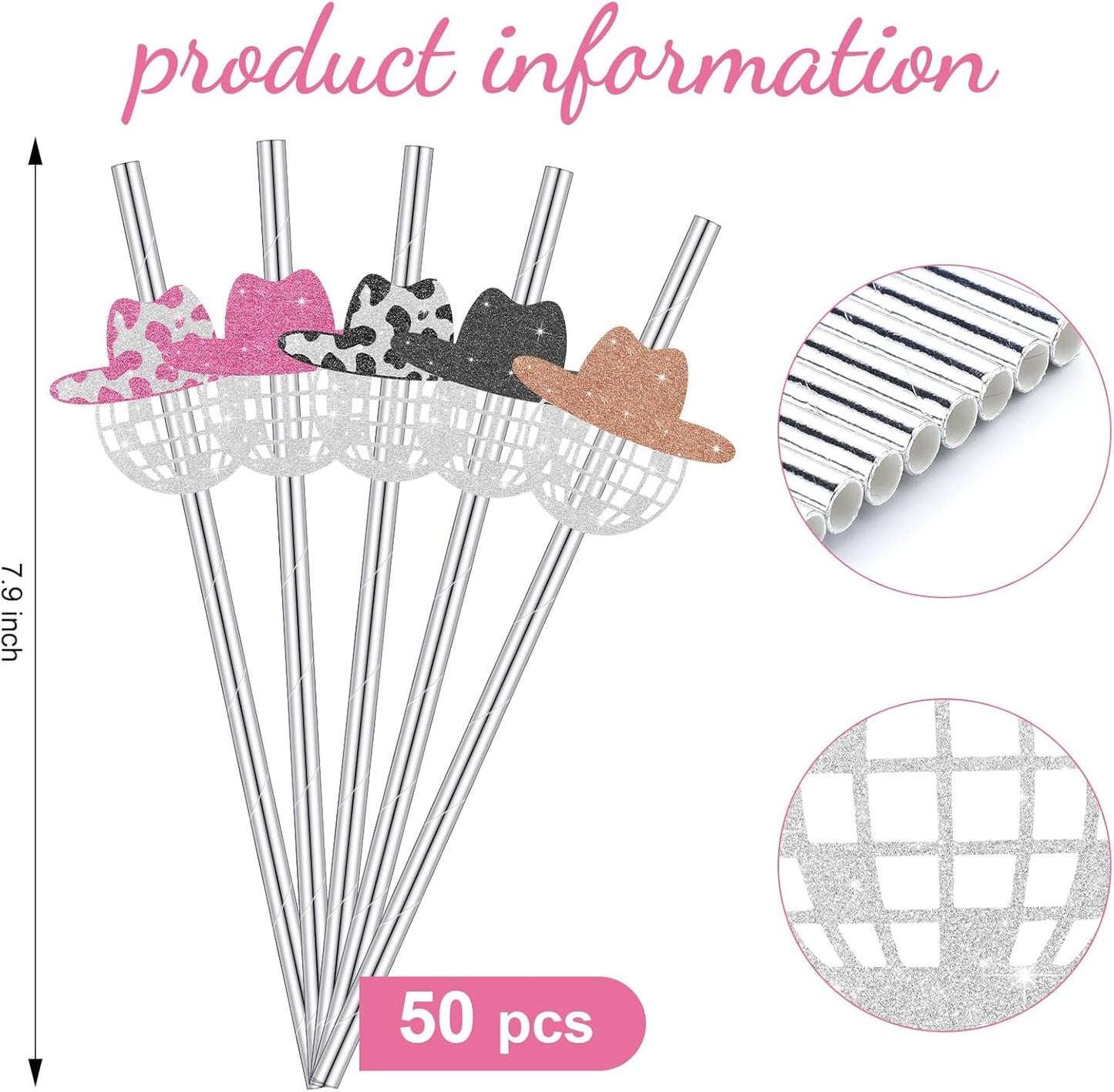 Tanlade 50 Pcs Mini Disco Ball Straws 70s Disco Straws Mirror Glitter Cowgirl Hat Party Decorations for Dance Holiday Wedding Birthday Supplies(Pink, Black, Brown)