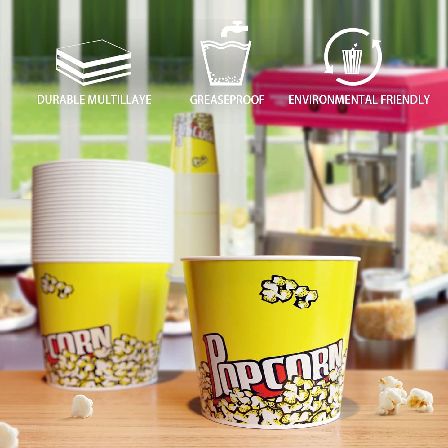 EGGKITPO 85 Oz Popcorn Cups - 26 Pack Large Greaseproof Popcorn Boxes for Movie Night, Amusement Parks, Baseball Themed Events