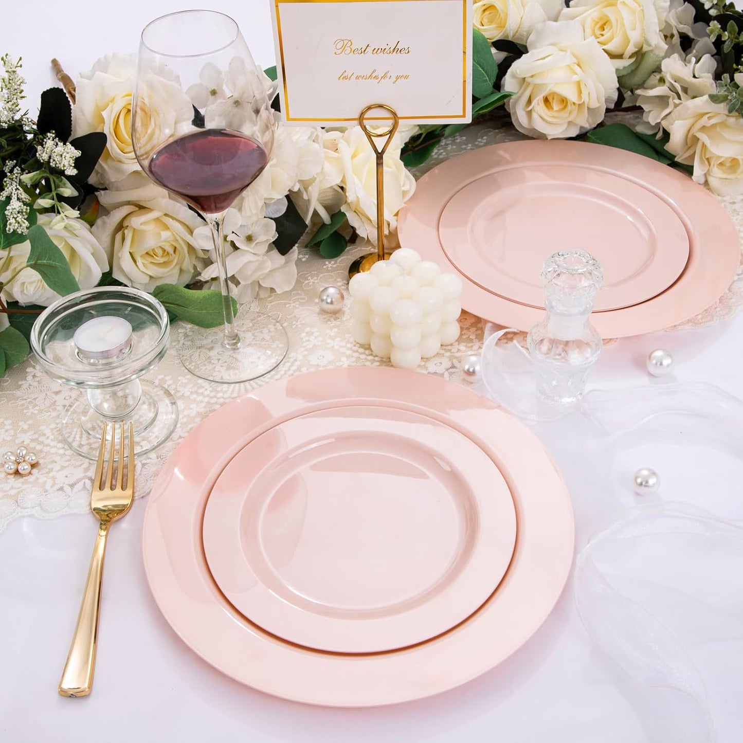FLOWERCAT 60PCS Pink Plastic Plates - Heavy Duty Pink Plates Disposable for Easter Party/Mother's Day/Wedding - serving 30 guests Include 30PCS 10.25inch & 30PCS 7.5inch