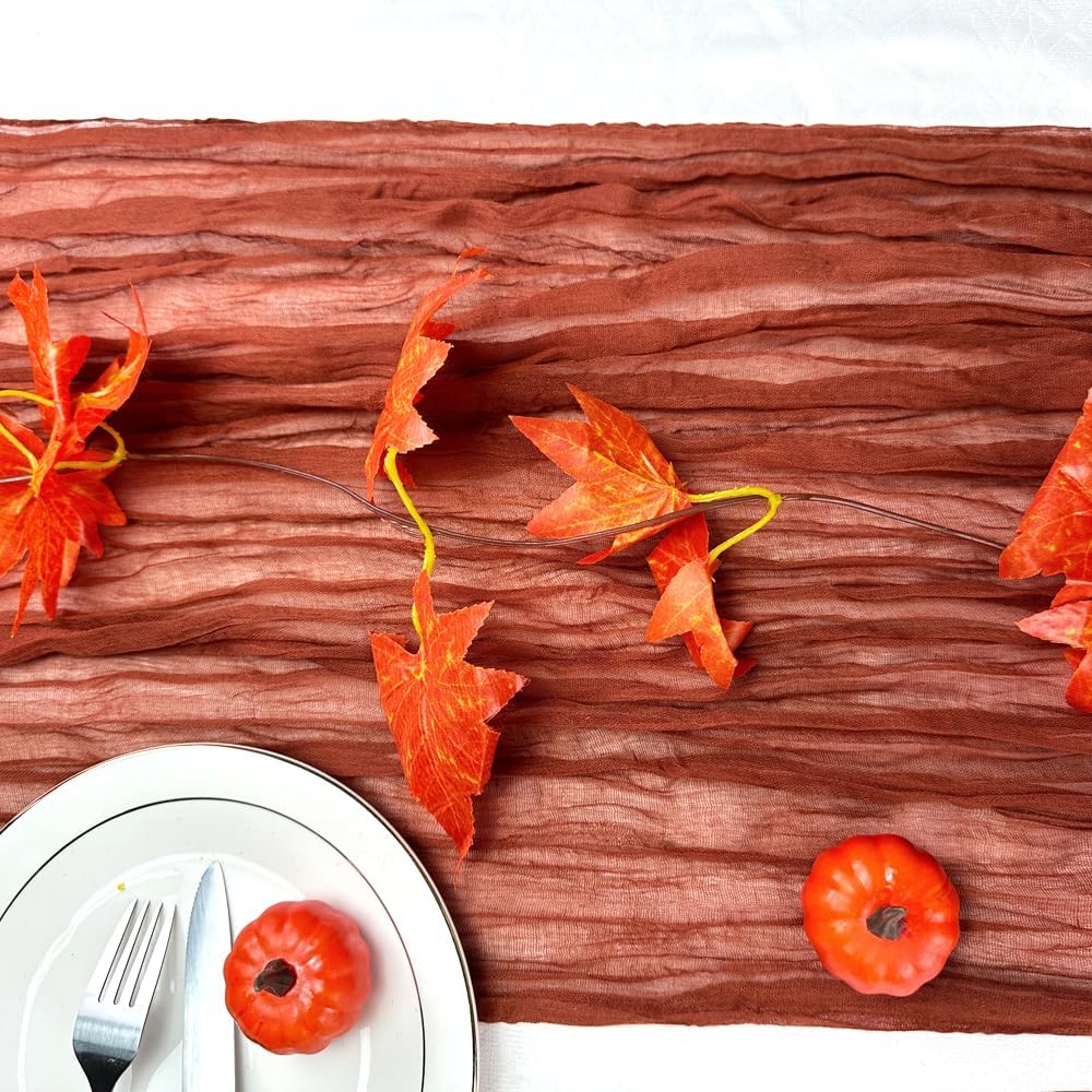 Booque Valley Fall Table Runner Terracotta Cheesecloth 10ft Soft Boho Wrinkled Decorative Gauze Sheer for Autumn Thanksgiving Holiday Party Centerpiece Decoration Table Decor, 35x120 Inch, 1 Pc