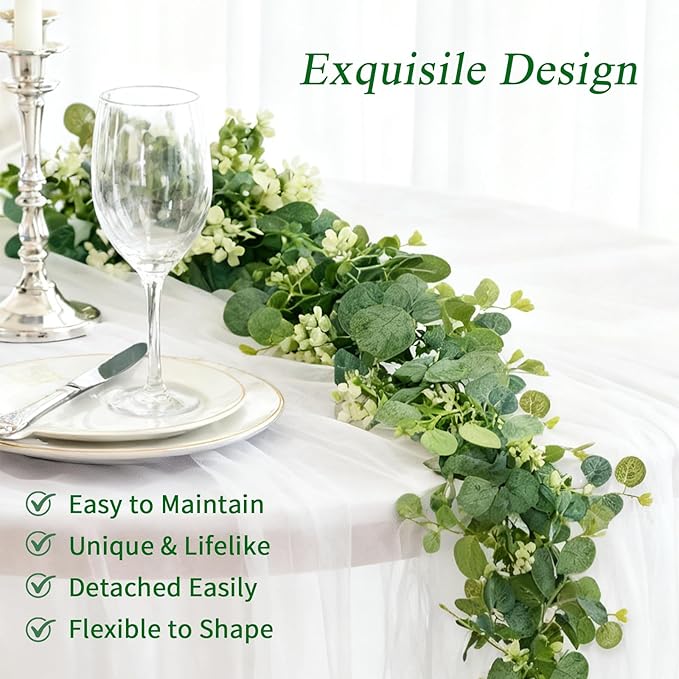 Artificial Eucalyptus Garland 5.9 Ft Faux Silk Leaf Silver Dollar Eucalyptus Leaves Vines Garland Greenery Wedding Backdrop Party Table Runner Room Mantle Indoor Outdoor Arch Wall Decoration (2PCS)