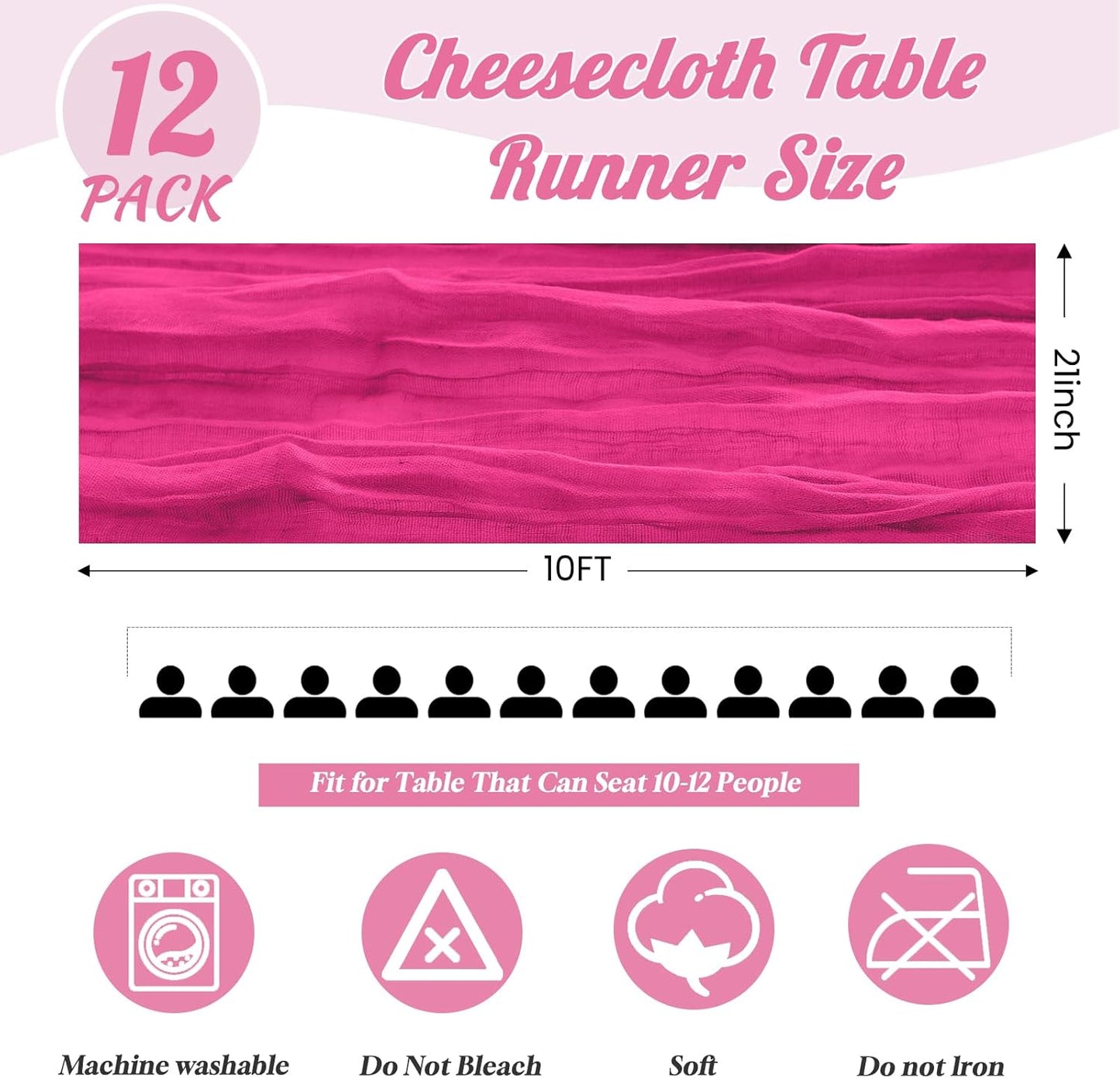 12 Pack Hot Pink Table Runners 10FT Cheesecloth Table Runner 21 x 120 inch Boho Gauze Cheese Cloth Table Runner Rustic Sheer Table Runners for Party Wedding Bridal Baby Shower Birthday Table Decor