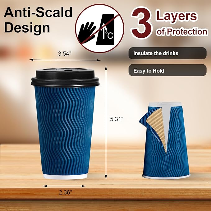 Lamosi Disposable Coffee Cups with Lids 16 OZ 500 Pack, Insulated Paper Coffee Corrugated Ripple Wall To Go Cup with for Hot Beverages - Blue