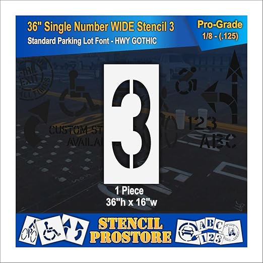 Pavement Stencils - 36 inch Single Number Stencil (Wide) - 3-36" x 16" x 1/8" (128 mil) - Pro-Grade