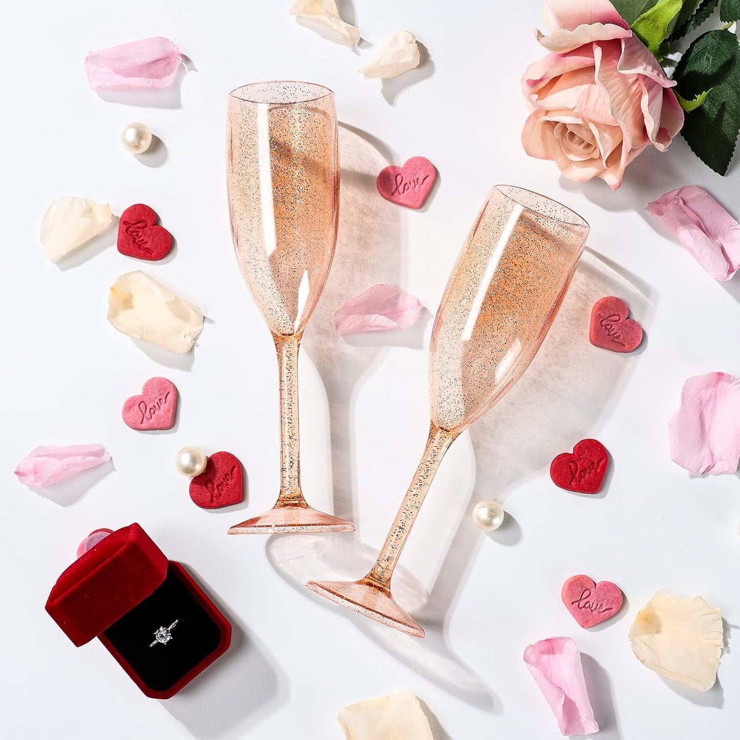 XUWAIDSGN 24 Pcs Champagne Flutes Plastic Wine Glasses Bulk Vintage Champagne Flutes Mimosa Bar Glasses Stemmed Drinking Cups 5.4OZ for Christmas Birthday Wedding Bride (24, Rose gold glitter)