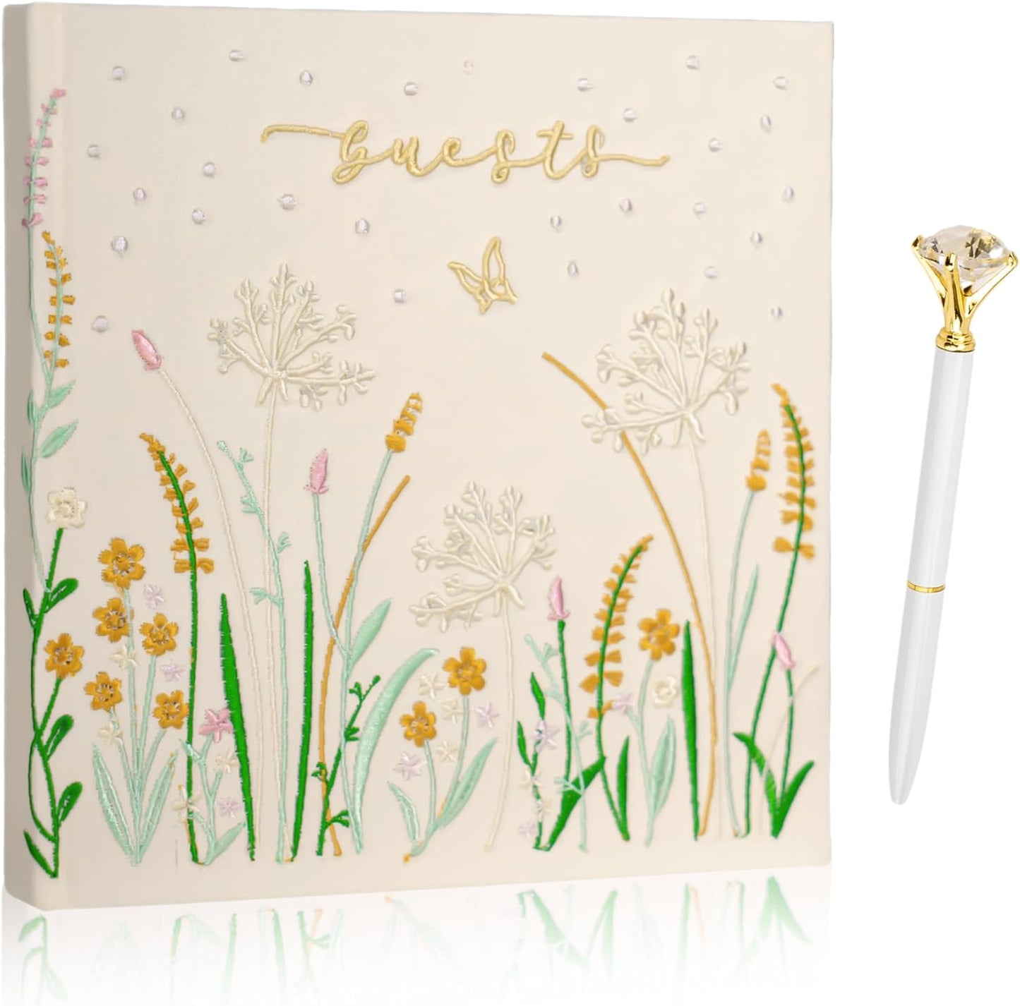 Embroidered Wedding Guest Book—The Perfect Polaroid Guest Book for Wedding Receptions, Birthdays, Baby Showers, and Special Events with 3 Photo corner stickers+ 3 DIY pens+1 Diamond Pen (Yellow)