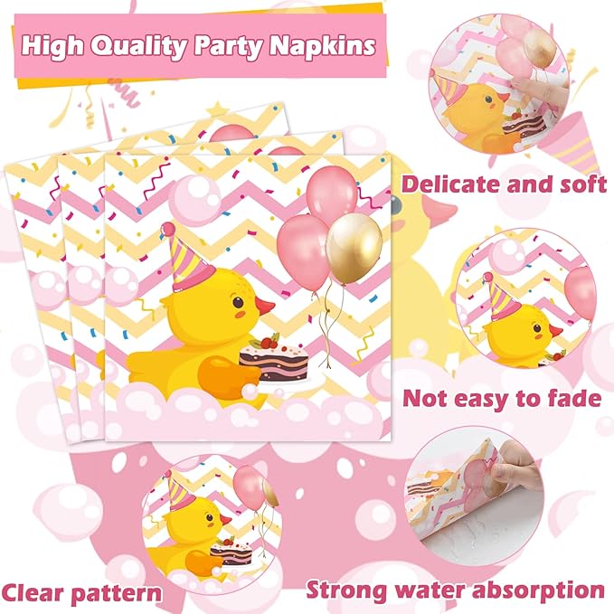 96Pcs Duck Birthday Party Supplies Pink Rubber Duck Paper Plates Napkins Duck Party Decorations Duck Themed Dinnerware Party Favor Girl Birthday Baby Shower Party Tableware Serves 24