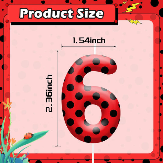 Ladybug Theme Birthday Candles - Red & Black Polka Dot Decorative Candles for Kids Ladybug Themed Parties, Baby Showers, Birthday Cakes, and Ladybird Inspired Celebrations(Number 6)