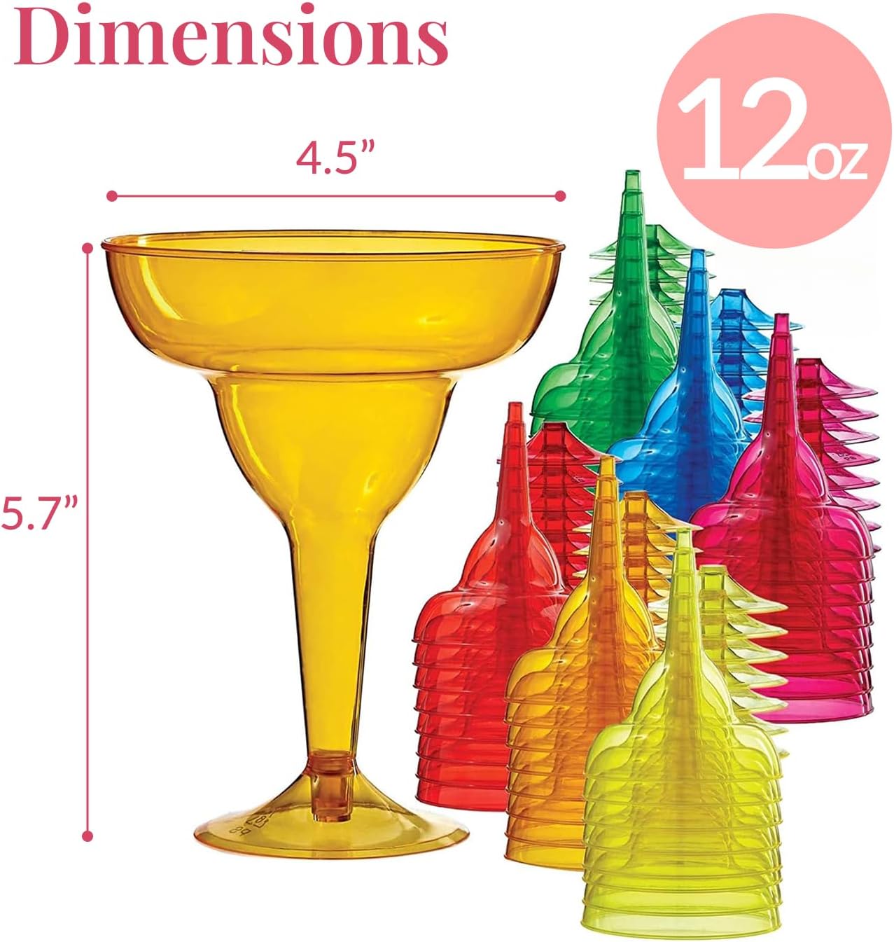 Prestee Multicolor Disposable 48 Plastic Margarita Glasses - 12 oz Hard Cocktail Cups for Cinco de Mayo Fiesta, Taco Party and Mexican Decorations - Fiesta Party Decorations - Large (Pack of 48)