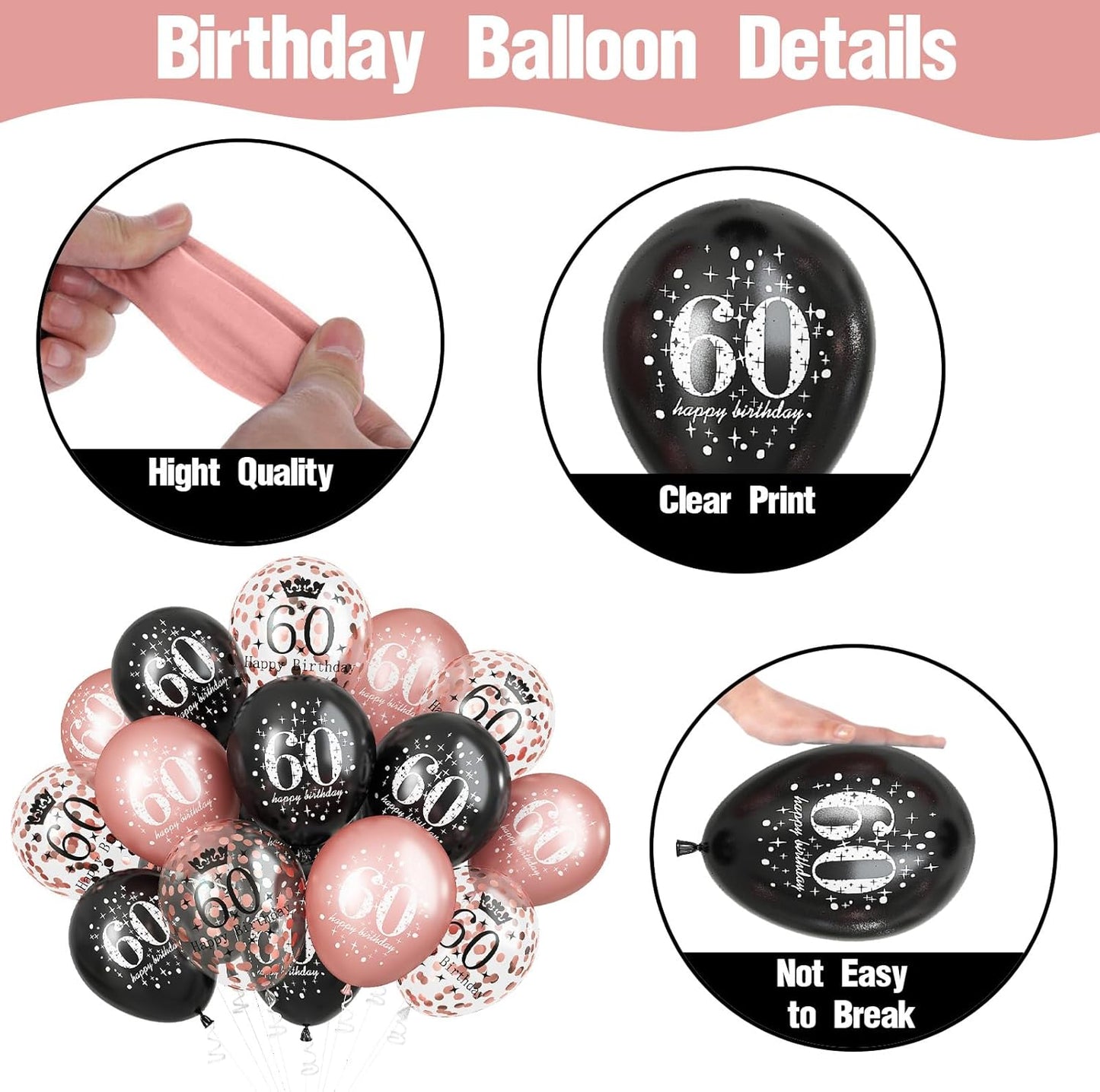 Rose Gold Black Happy 60th Birthday Balloons, 60th Birthday Decorations for Women, Black Rose Gold Confetti 60th Latex Helium Balloons for Age 60 Years Old Birthday Party Decor Celebration Supplies
