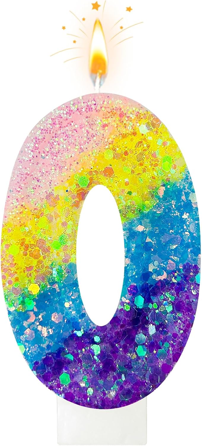 Birthday Candles Pastel Macaron Glitter 3D Rainbow Number Candles for Birthday Cake Girls Women Sweet Theme Birthday Wedding Anniversary Party Cake Decoration (Number 0)