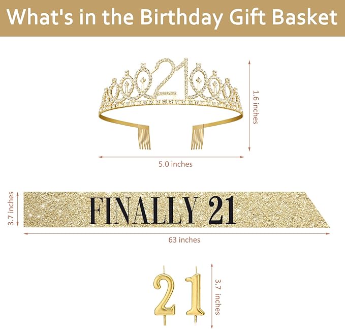 21st Birthday Decorations for Her with 21st Birthday Sash and Crown, Candles Gold, Gifts for 21 Year Old Girls