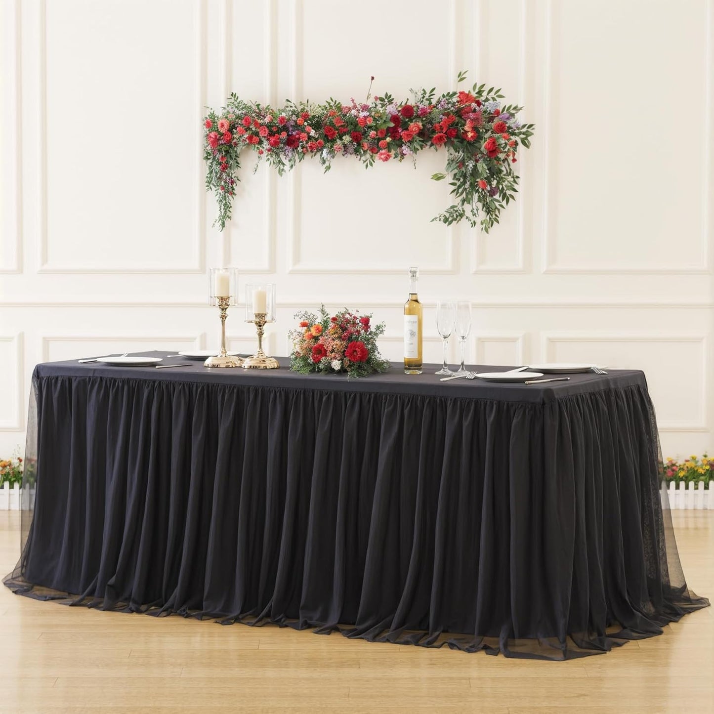2 Pack Black Tulle Tablecloths for 8 Foot Rectangular Tables, 8ft Black Rectangle Table Cloths, Wrinkle Free Table Cover with Tutu Skirt for Wedding Birthday Party Banquet Buffet Event Decorations
