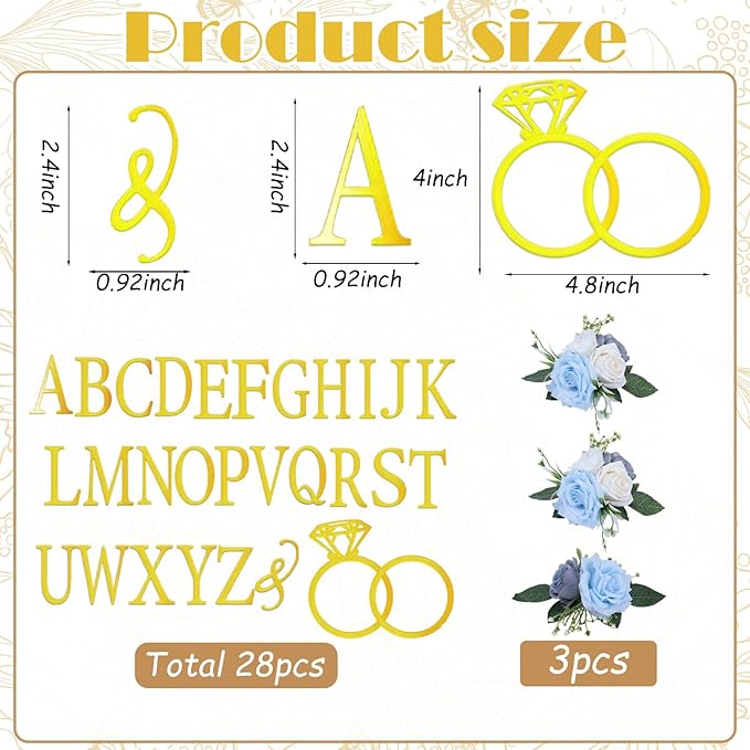 4Pcs Wedding Cake Topper Diamond Ring Cake Topper with 26 Letter Personalize Bride and Groom Initial Sign Cake Decor for Bridal Shower Party