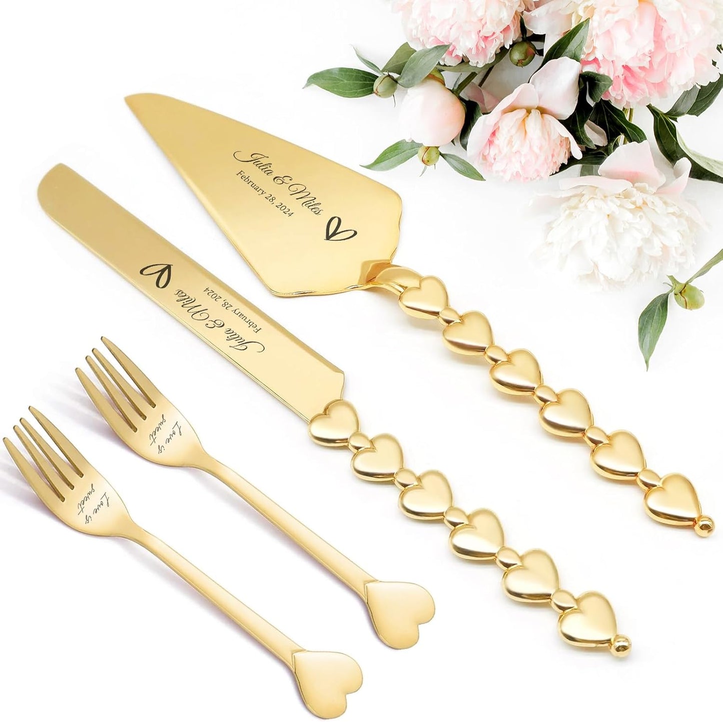 Personalized Wedding Cake Knife and Server Set Engraved Gold Cake Cutter Server Forks Custom Cake Cutting Set for Wedding Anniversary Engagement Birthday Gifts