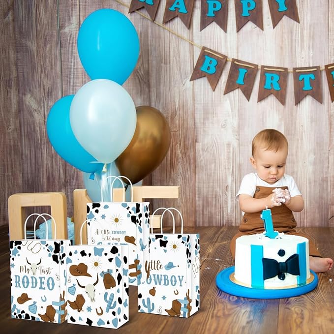 Gaillty 24 Pcs My First Rodeo Party Favor Bags 1st Rodeo Birthday Gift Bags Decorations Paper Cowboy Wild West Goodie Bag with Handles for Treat Candy Western Birthday Baby Shower Party Supplies