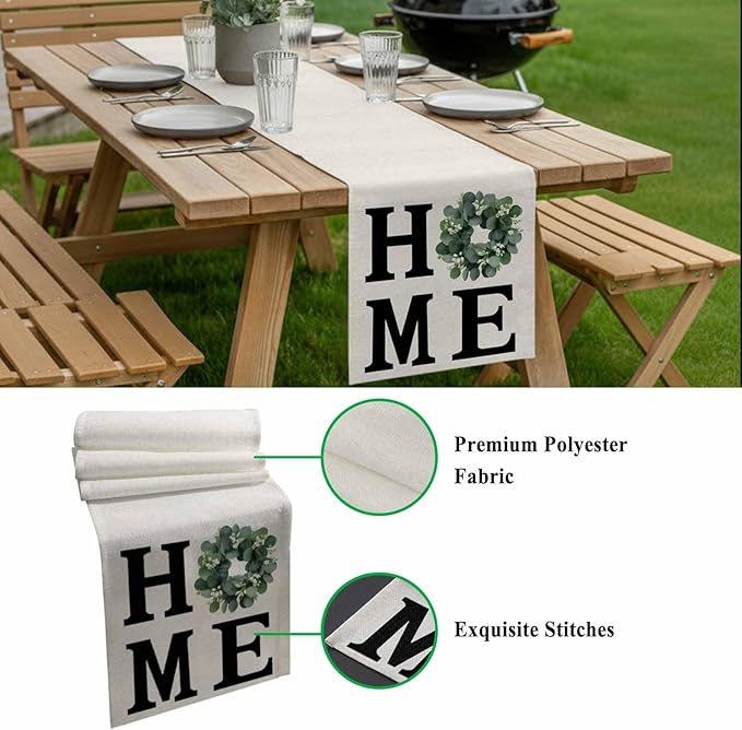 Home Green Eucalyptus Leaves Garland Table Runner 36 Inches Long Cotton Linen Dresser Scarves for Kitchen Daily Use Family Dinners Party Gathering Home Decor Retro Linen Table Runners