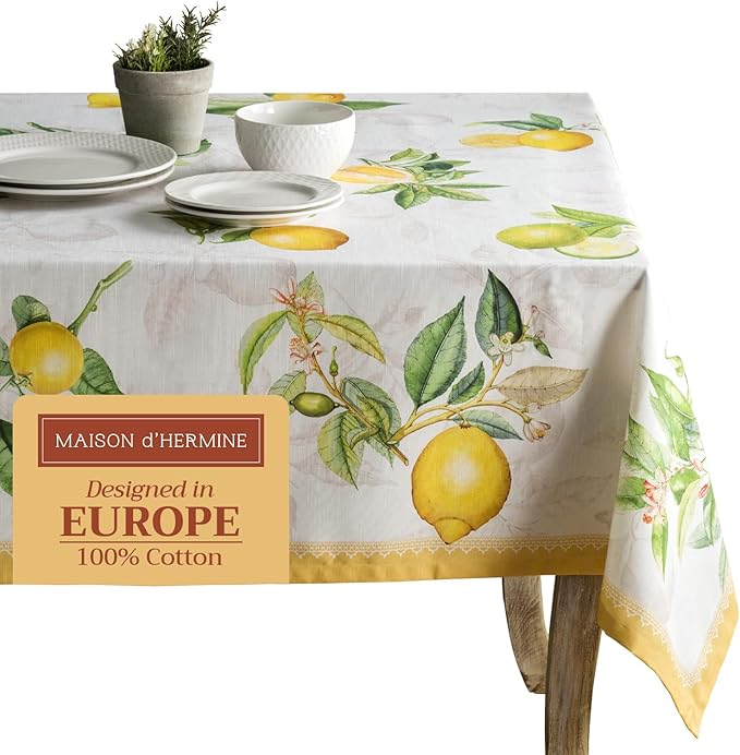 Maison d' Hermine Table Cloth Square Table 100% Cotton 54 x 54 Inches Tablecloth Reusable Decorative for Dining Room Farmhouse Home Valentines Day Decorations Spring Summer - Limoncello