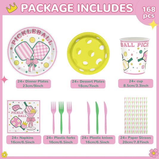168PCS Pickleball Party Supplies for Girls Player Themed Sports Birthday Party Decorations Pink Coquette Preppy Pickleball Party Plates Napkins Tableware Set for Baby Shower Serve 24 Guests