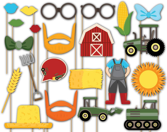 Farm Green Tractor Time Photo Booth Props Kit - 20 Pack Party Camera Props Fully Assembled