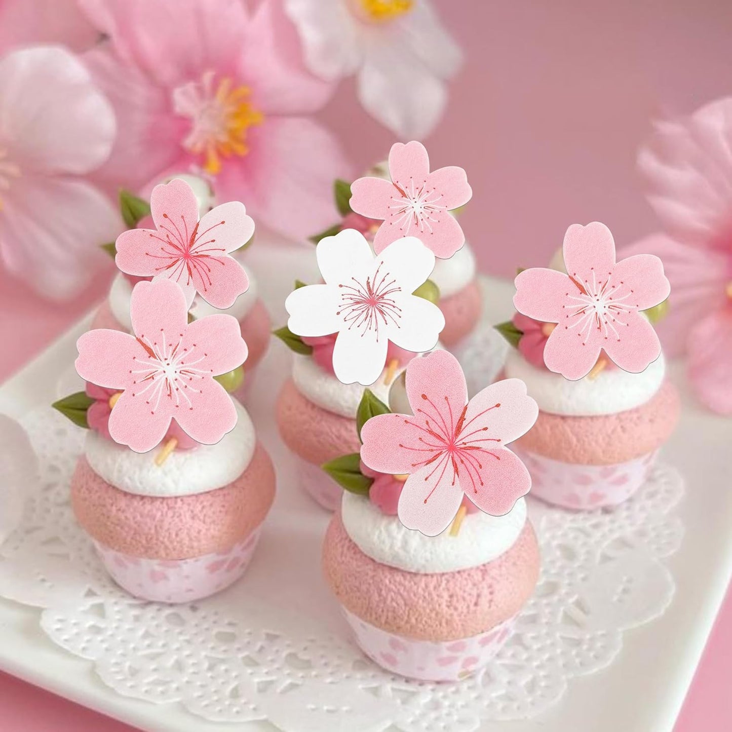 60 PCS Edible Flowers Cake Decorations Pink Edible Cherry Blossoms Flowers Cupcake Toppers Wafer Paper Flowers Cupcake Picks for Baby Shower Kids Birthday Party Food Decorations Supplies