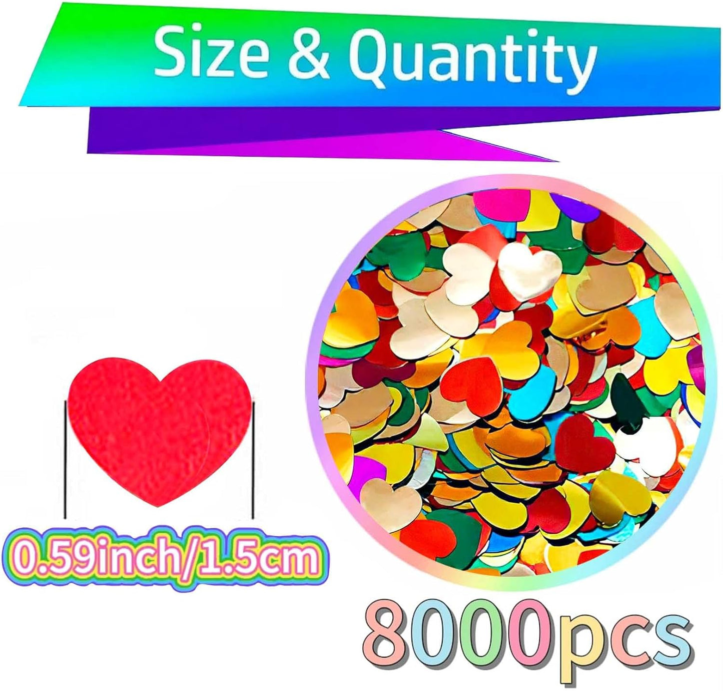 Rainbow Metallic Foil Heart Confetti 0.6inch/1.5cm 8000PCS Table Confetti for Party Birthday Decoration or Filled Balloons