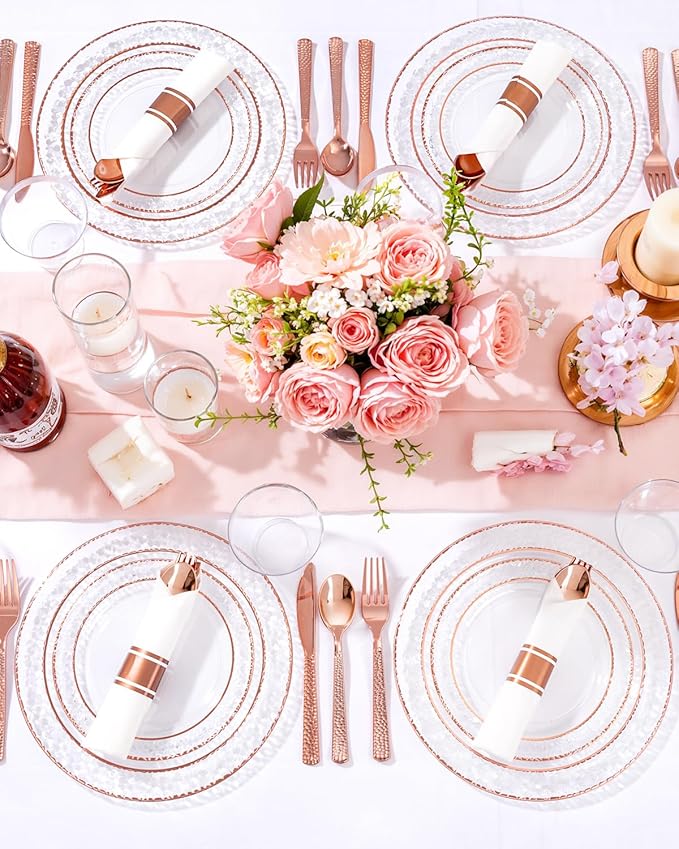 Ciaell 350PCS Rose Gold Plastic Plates - Clear Rose Gold Disposable Plates with Plastic Silverware include 100Plates, 150Silverware, 50Cups, 50Napkins for Wedding & Party & Easter