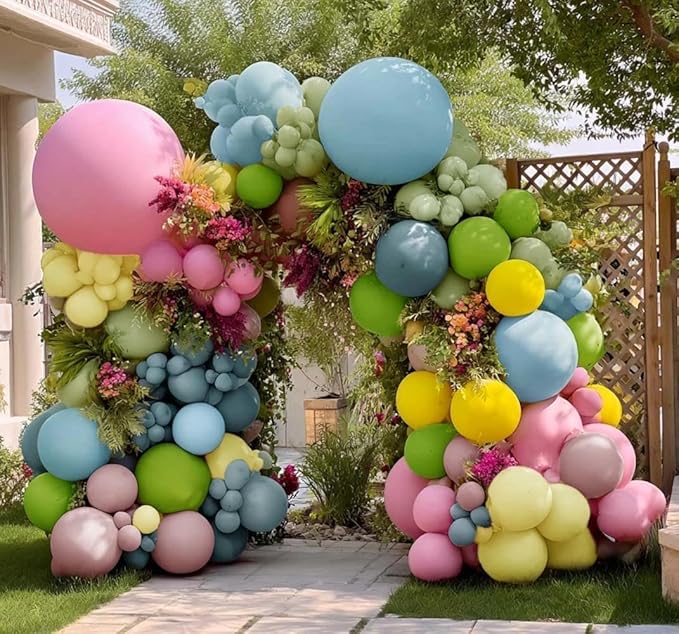 Colorful Balloon Arch Double Stuffed Latex Blue Yellow Green Pink Balloons Wildflower Balloon Garland for Spring Flower Birthday Baby Shower Easter Garden Candy Party Decoration