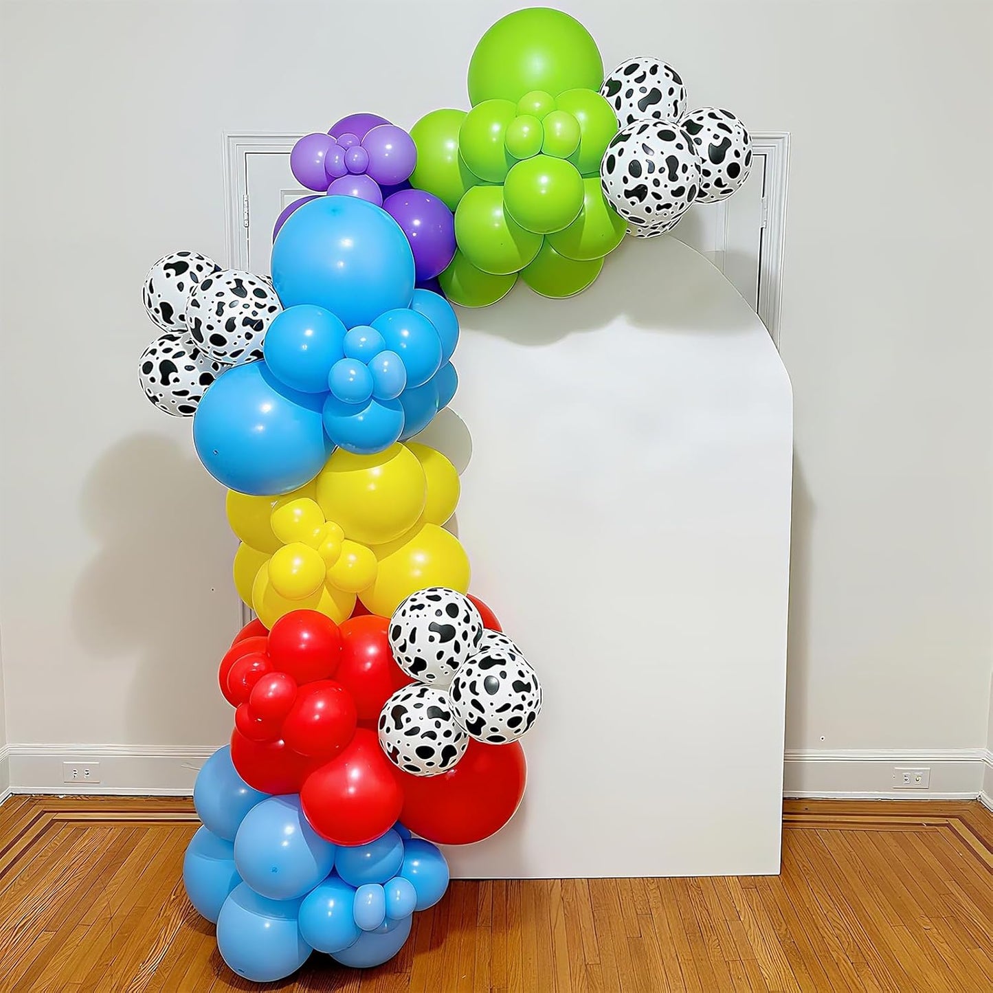 Red Yellow Blue Balloons Arch Kit Red Blue Green Yellow Latex Balloon Garland with Cow Print Party Balloons for Kids Boys Birthday Party Farm Themed Party Decorations