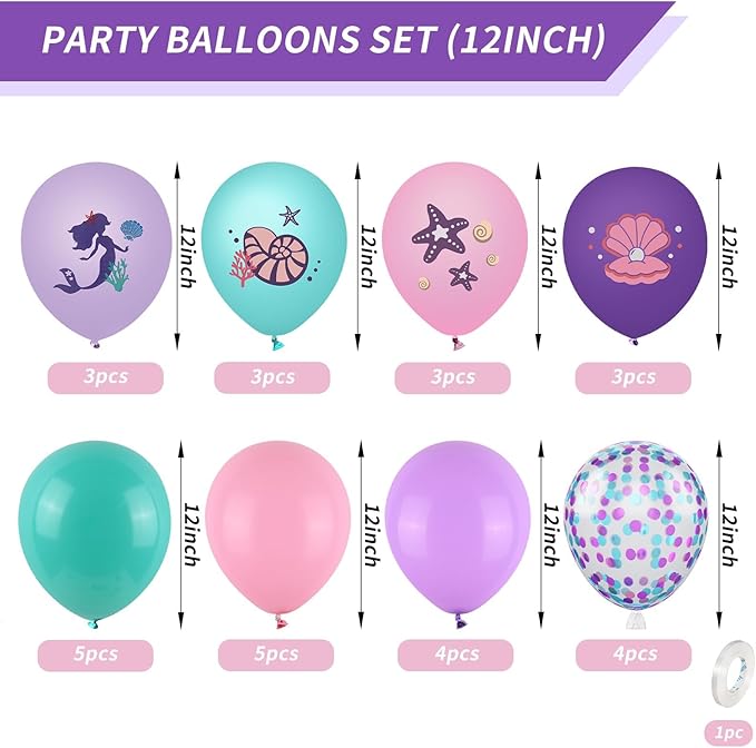 Mermaid Party Balloons, Mermaid Purple Pink Teal Balloon with conch shell starfish Print Balloons Mermaid Confetti Balloon for Under the Sea Theme Birthday Kids Girls Princess Party Supplies