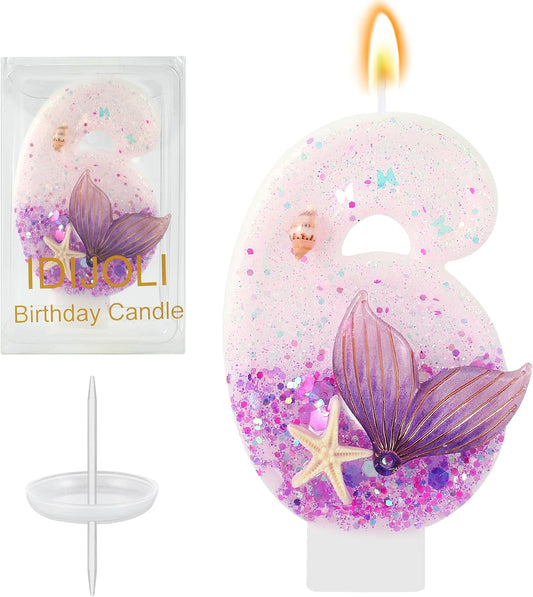 Purple Number 6 Candles Mermaid Birthday Candle 6th Birthday Cake Topper Cupcake Decorations for Girls and Women Party Decor Anniversary Celebrations Supplies Favors