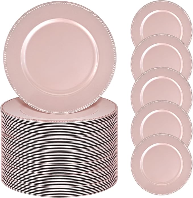50 Pcs Rose Gold Charger Plates Bulk, 13" Round Beaded Plate Chargers, Decorative Dinner Chargers Plastic Table Charger for Wedding Holiday Party Baby Shower Event Decoration (Rose Gold)