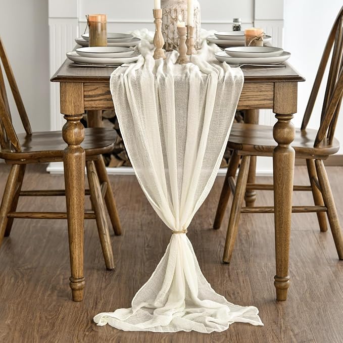 Artoid Mode Boho Beige Gauze 3 Pieces Wedding Table Runner, 120 Inch Birthday Fabric Kitchen Dining Holiday Table Decor for Home Party Indoor