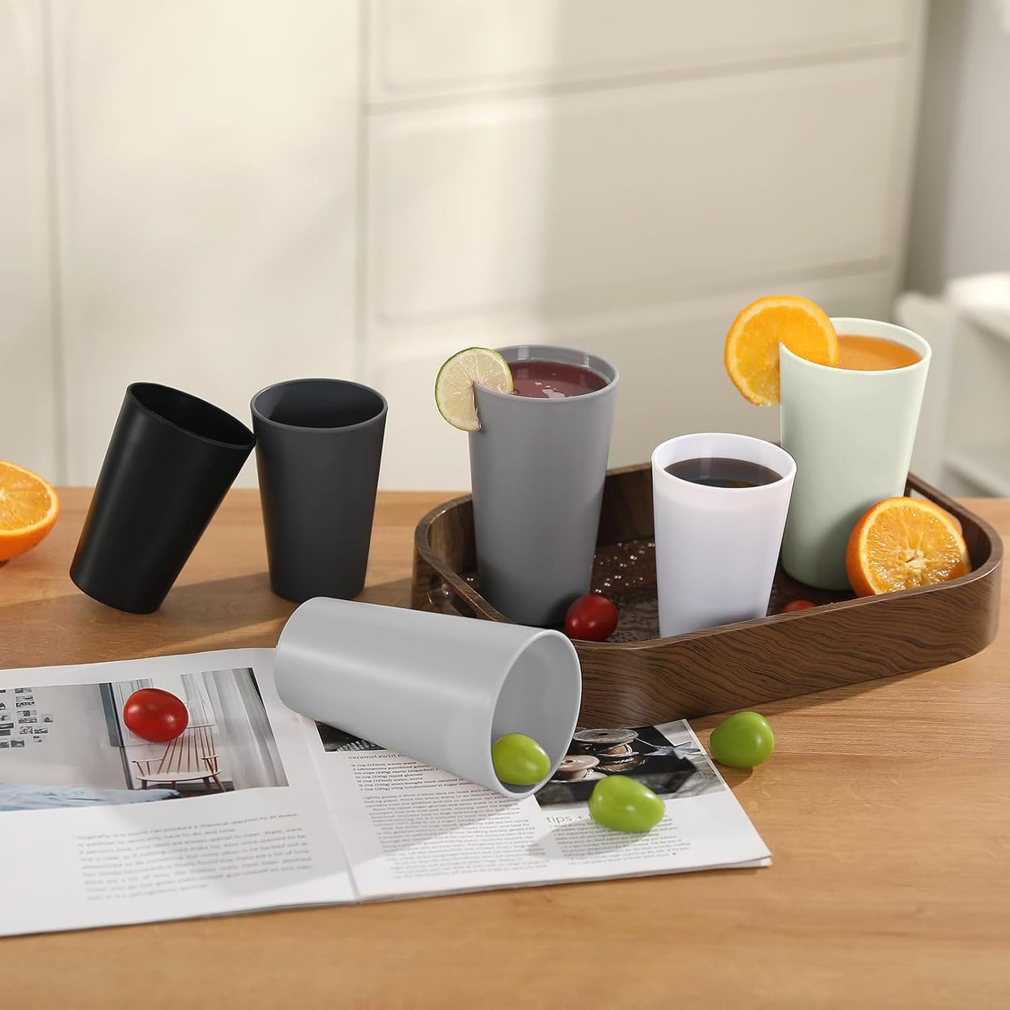 24 Pcs Unbreakable Plastic Cups Set, 20 oz Reusable Plastic Cups, Stackable Water Tumblers, Drinking Cup for Kitchen, Outdoor, BPA-free, Dishwasher Refrigerator and Microwave Safe, Black