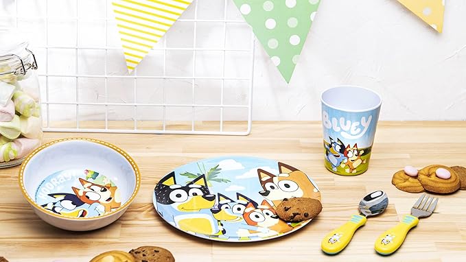 Zak Designs 5-Piece Dinnerware Set, Bluey - Durable Plastic & Stainless Steel - Includes Tumbler, 8-Inch Plate, 6-Inch Bowl, Fork & Spoon - Suitable for Kids Ages 3+